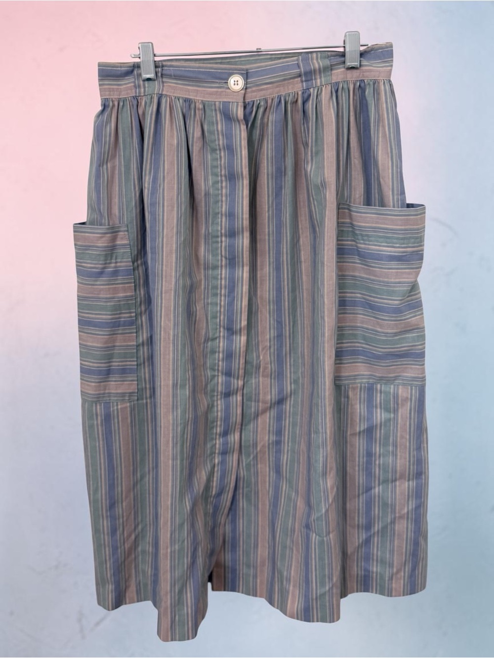 Waterville Vintage Striped Cotton Midi Skirt in Blue Pink and Tan